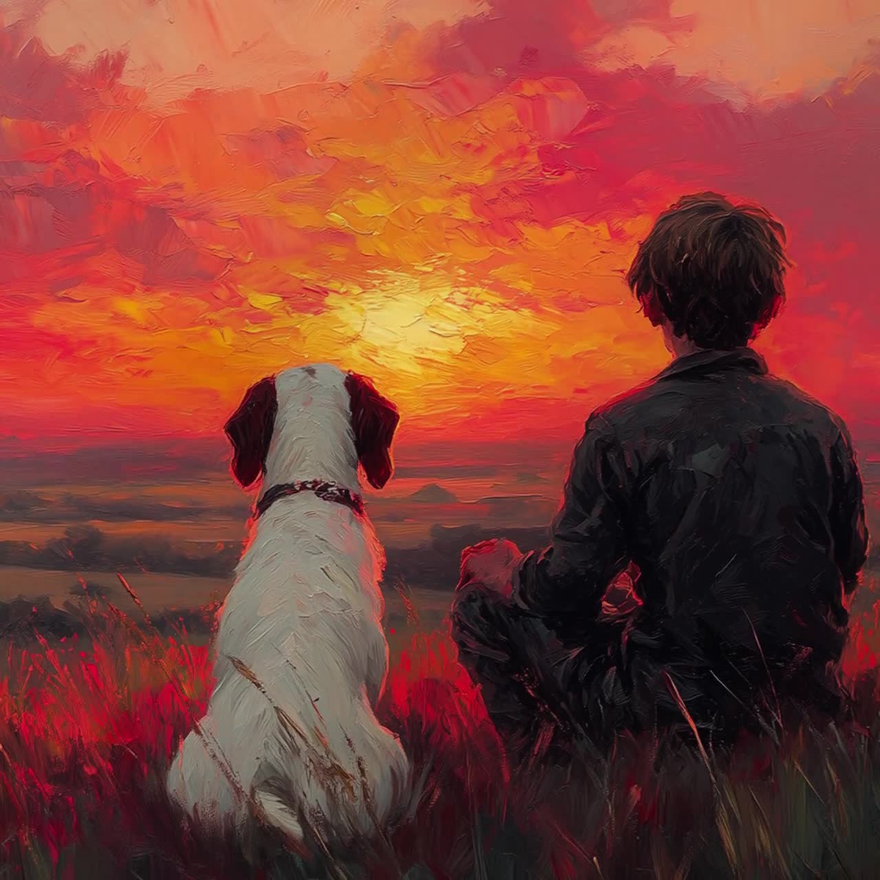夕暮れ時の少年と犬のウォールアート（印刷可能） - 素朴な田舎の風景